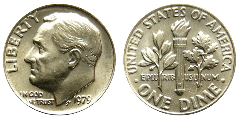 1979 Roosevelt dime obverse and reverse showing both faces of the coin
