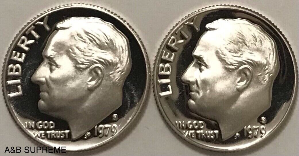 1979-S Roosevelt dime Type 1 Filled S vs Type 2 Clear S mint mark comparison under magnification
