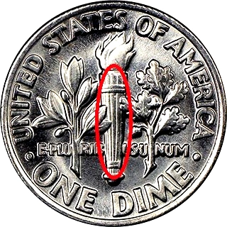 1979-D Roosevelt dime Full Bands designation showing clearly separated horizontal torch bands on the reverse