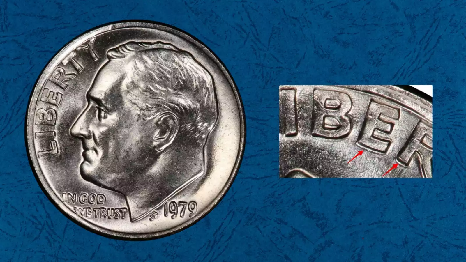 1979 Roosevelt dime broadstrike error showing wider diameter, thinner profile and smooth un-reeded edge