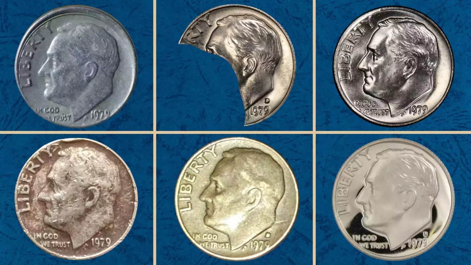 Group of 1979 Roosevelt dimes in various grades and mint marks displayed on dark background