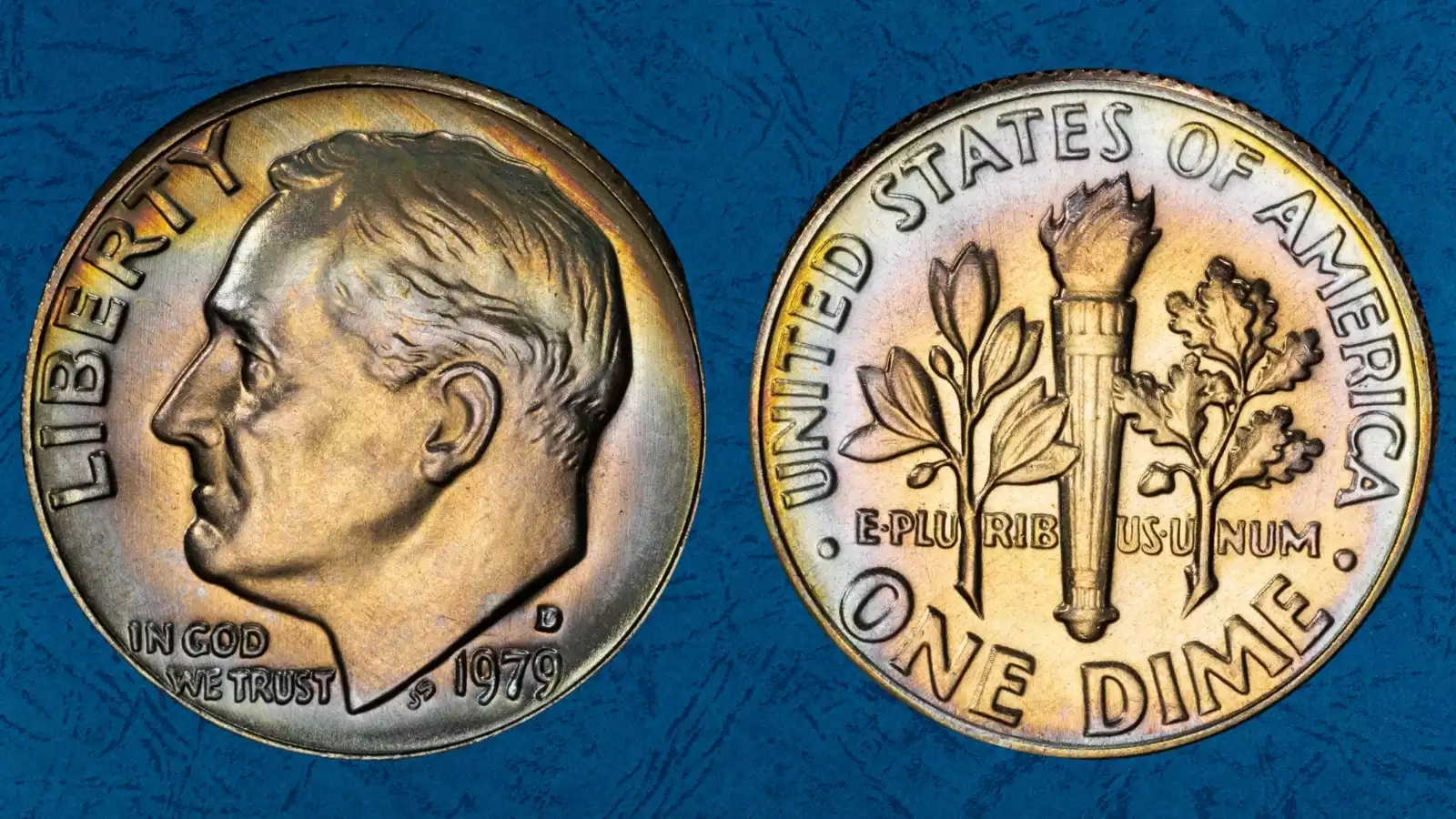 1979 Roosevelt dime grading strip showing four condition tiers from worn to gem uncirculated